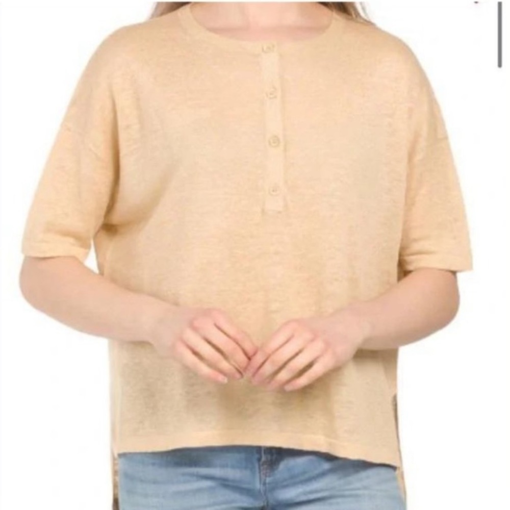 Skull cashmere tan linen top - the Lagenlook Penelope Henley Top